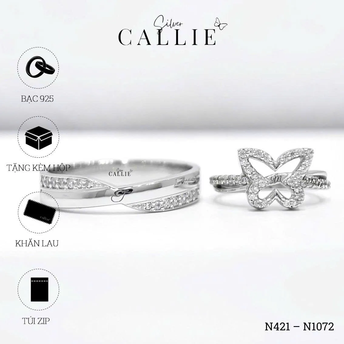 N1072 - N421: Nhẫn Bạc Thiết Kế Callie Silver Đai Chéo Mặt Bướm Đính Đá - Image 8