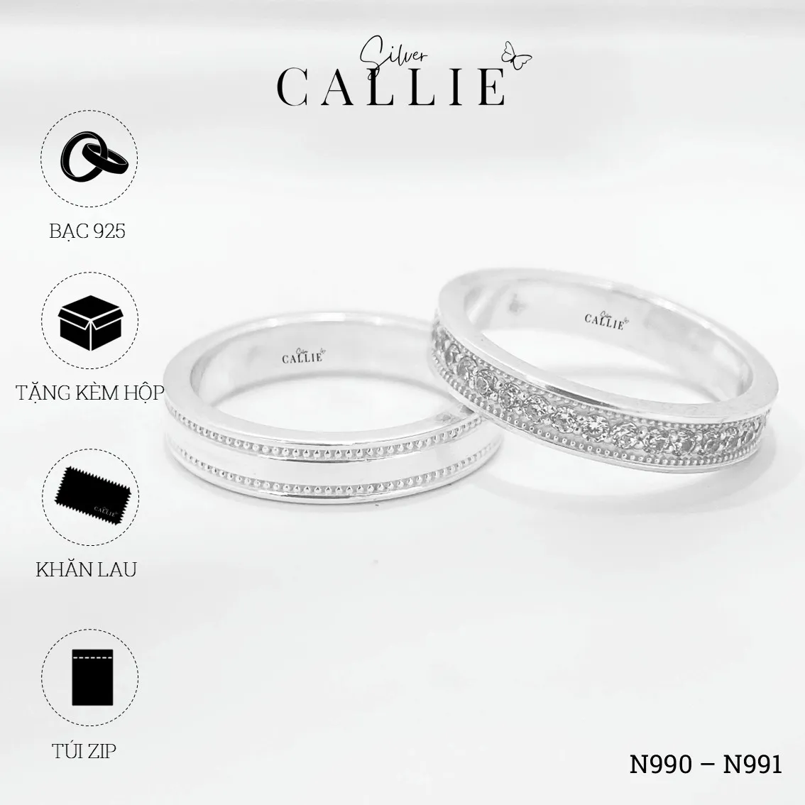 N990 - N991: Nhẫn Bạc Thiết Kế Callie Silver Đính Đá Viền Bi - Image 10