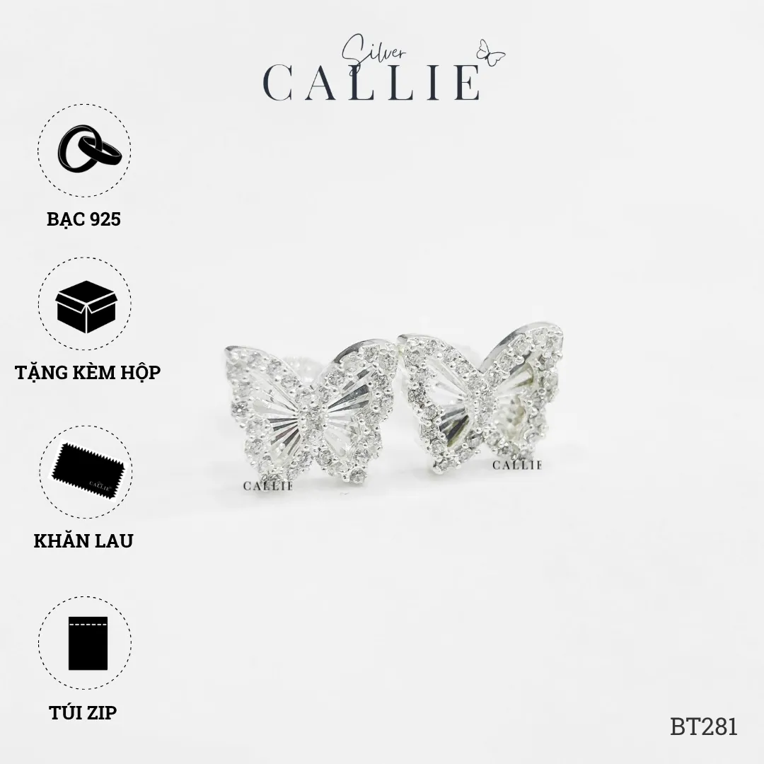BT281 - Bông tai bạc Callie Silver Bướm Móc Máy Viền Đính Đá - Hình ảnh 6