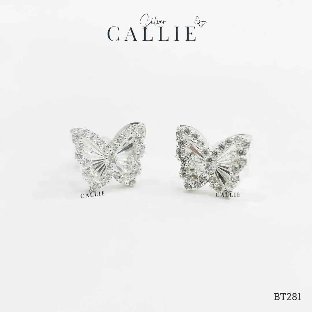 BT281 - Bông tai bạc Callie Silver Bướm Móc Máy Viền Đính Đá
