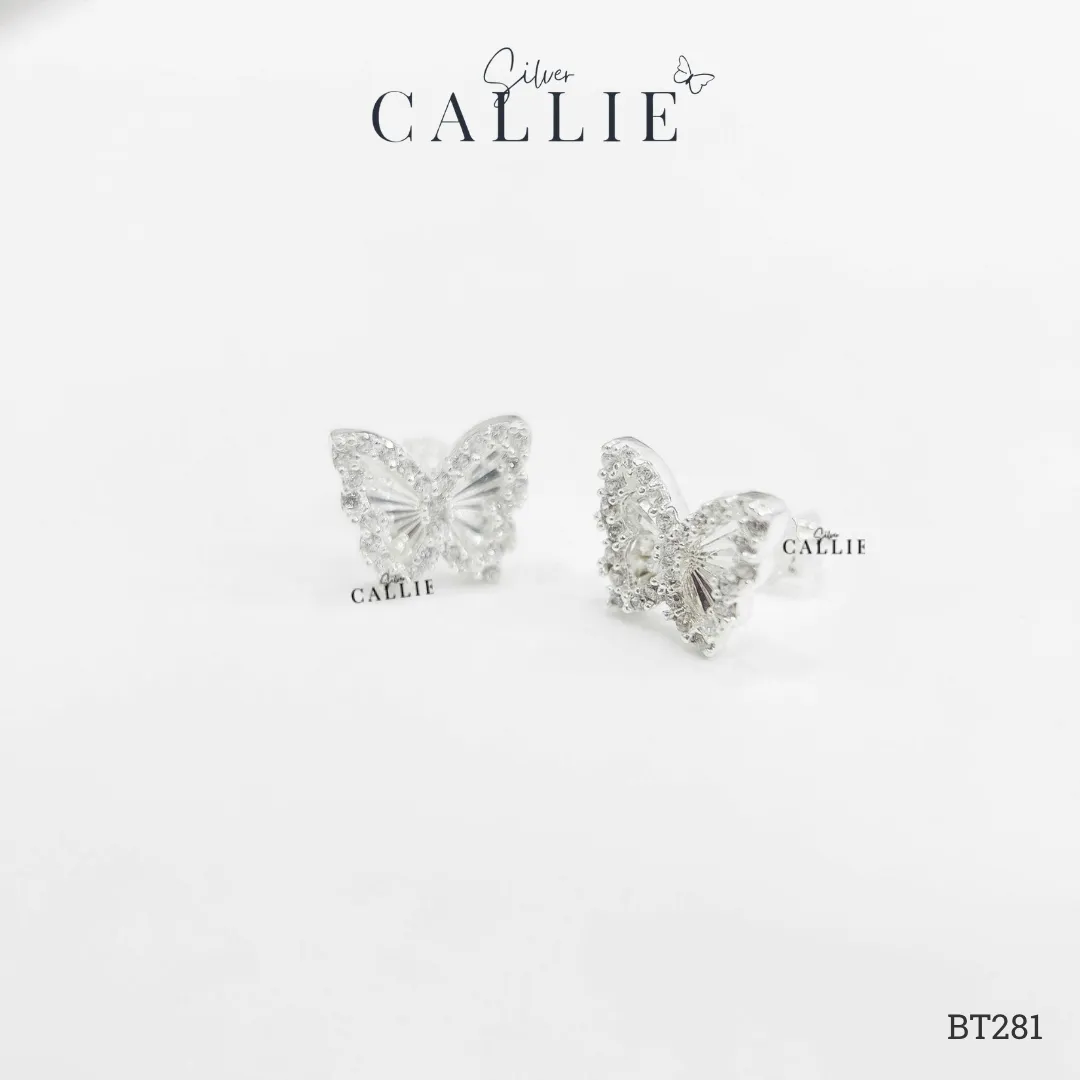 BT281 - Bông tai bạc Callie Silver Bướm Móc Máy Viền Đính Đá - Hình ảnh 4