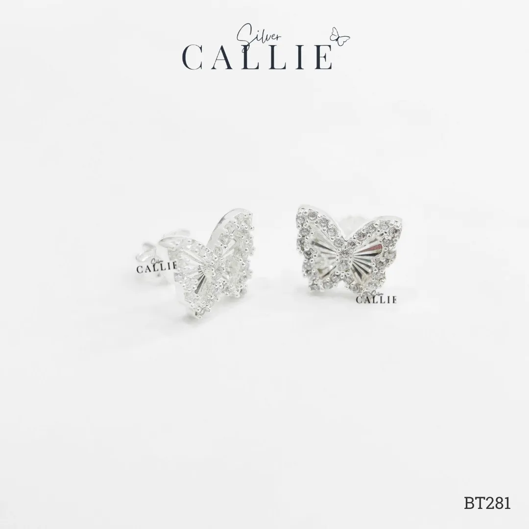 BT281 - Bông tai bạc Callie Silver Bướm Móc Máy Viền Đính Đá - Hình ảnh 3