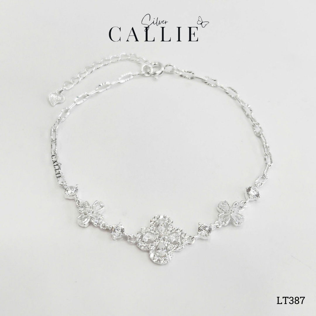 LT387 - Lắc tay bạc Callie Silver cỏ 4 lá đính đá giọt dây móc máy