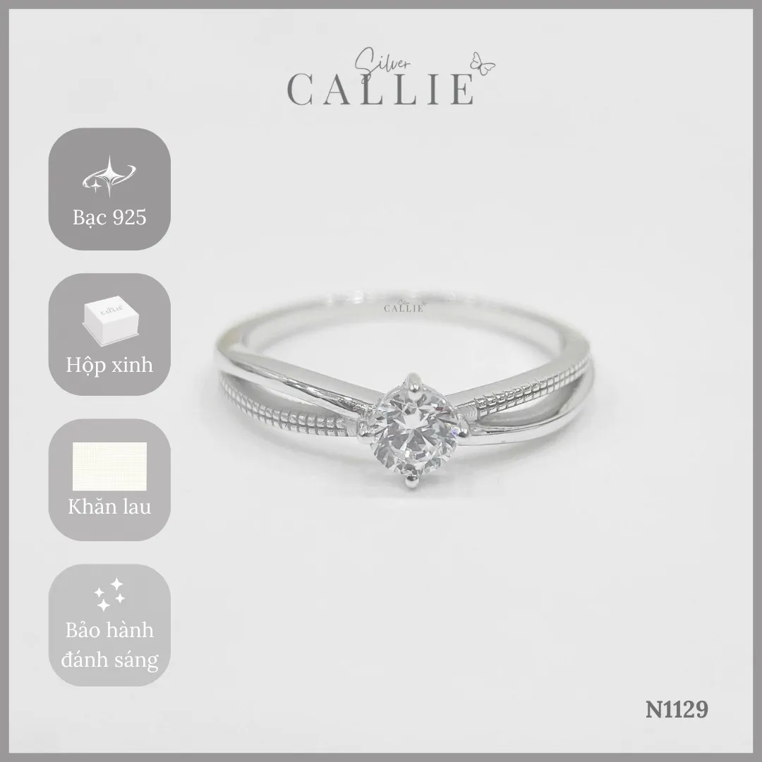 N1129 - Nhẫn Bạc Thiết Kế Callie Silver 1 Viên Chủ Đai Chéo Hoạ Tiết Chấu Bi - Hình ảnh 8