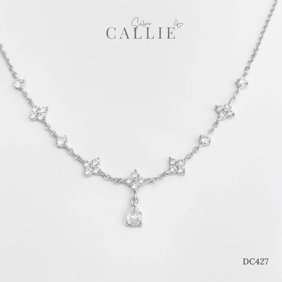 DC427 - Dây chuyền bạc thiết kế Callie Silver xi kim cỏ 4 lá xen kẽ charm đá