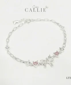 LT393 - Lắc tay bạc Callie Silver Nơ Đính Đá Và Tim Hồng Xi Kim