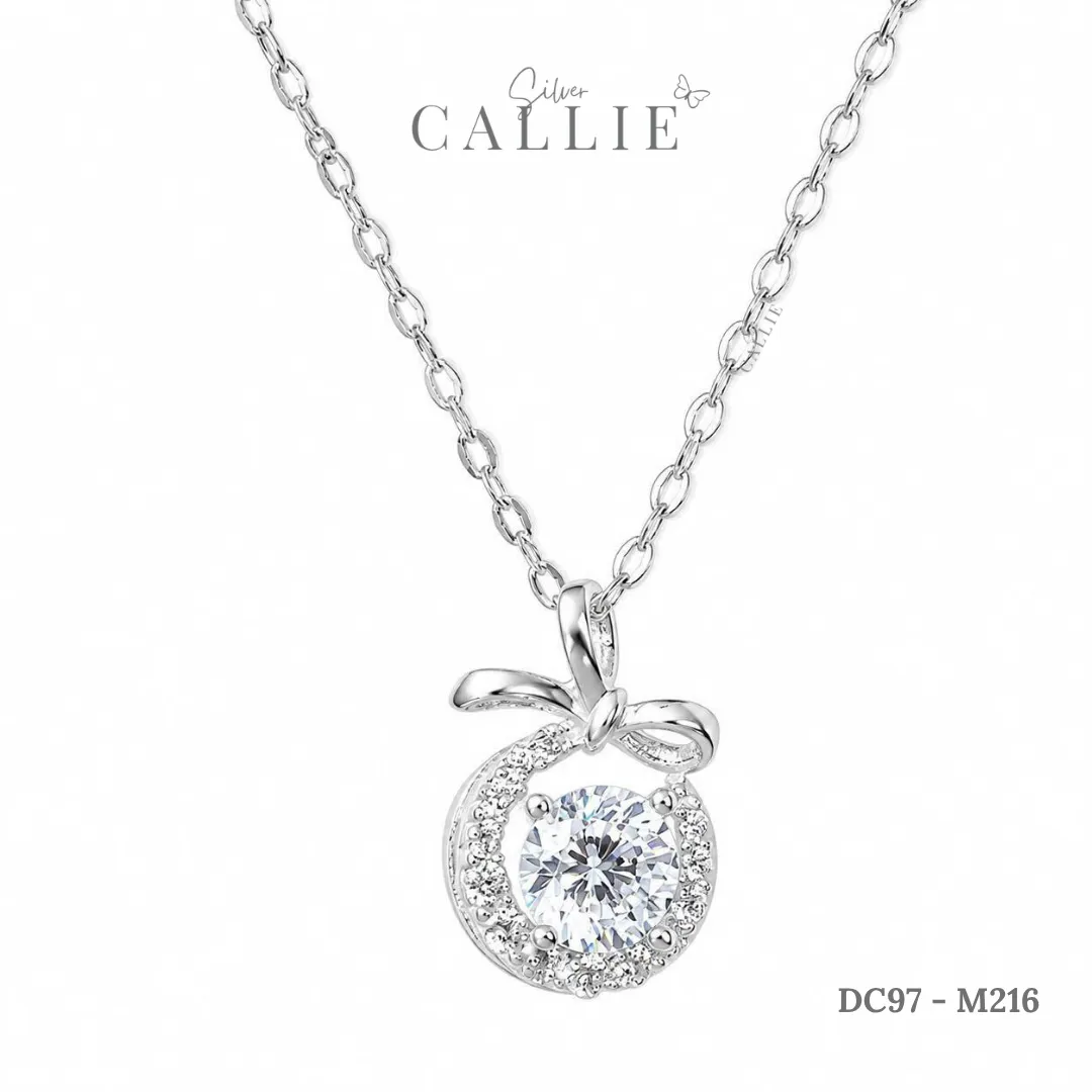 DC97 - M216: Dây chuyền bạc Callie Silver Mặt Tròn Đính Đá Và Nơ Trơn