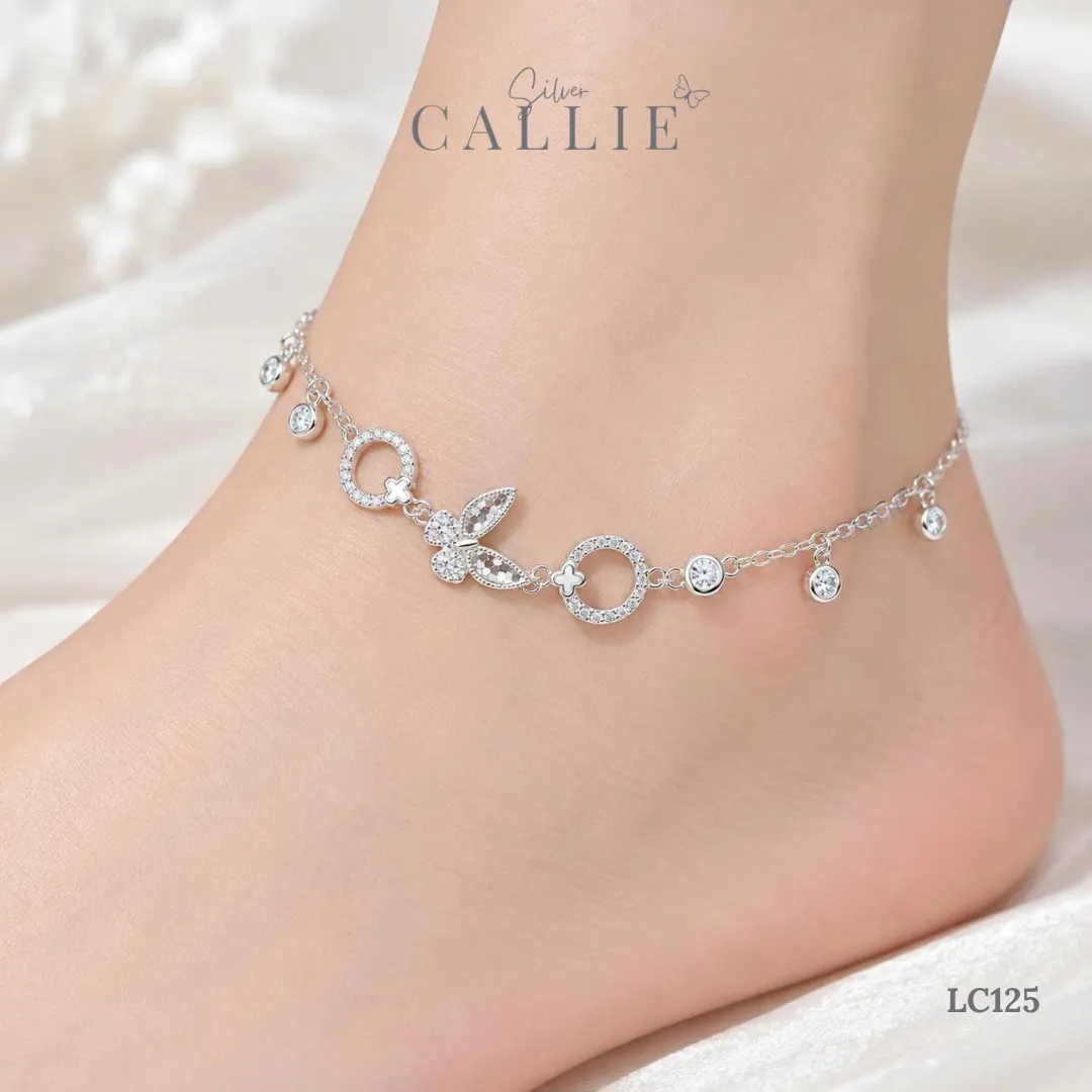 LC125 - Lắc Chân Bạc Callie Silver Bướm Và Mặt Tròn Đính Đá - Hình ảnh 2